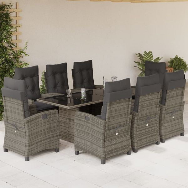 vidaXL 9-teilig Garten-Essgruppe mit Kissen Grau Poly Rattan, 3212690