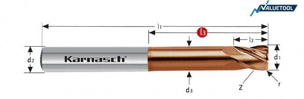 Karnasch VHM-Gesenkfräser mit Eckenradius kurz Value Tool / < 55 HRC / HSC d=12,0 / r= 1,5 / L3=36 mm XVC², 306438120015