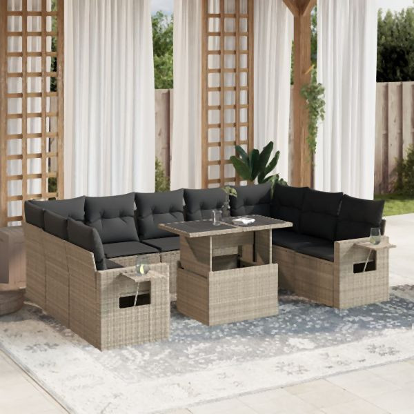 vidaXL 10-tlg. Garten-Sofagarnitur mit Kissen Hellgrau Poly Rattan, 3268112