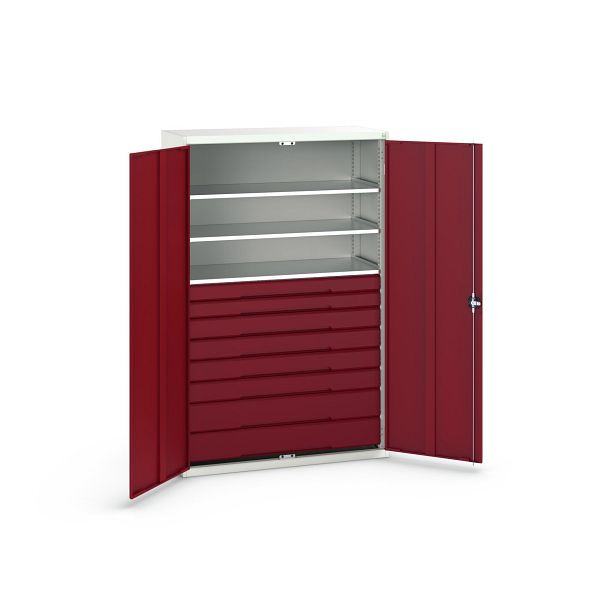 bott verso Flügeltürschrank mit Schubladen, mit 3 Fachböden und 8 Schubladen, BxTxH: 1300 x 550 x 2000 mm, Lichtgrau / Purpurrot, 16926657.24