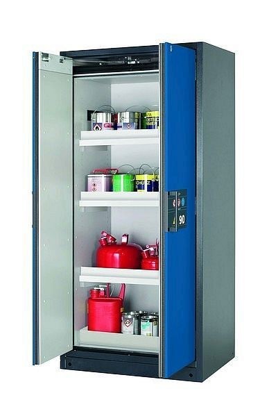 asecos Sicherheitsschrank Q-PEGASUS-90, Q90.195.090.WDAC in enzianblau RAL 5010 mit 3x Wannenboden Standard (Polypropylen), 30042-047-30051