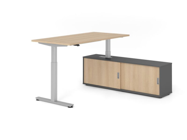 Hammerbacher Schreibtisch XMST16, 160x80cm, Platte: Eiche, T-Fuß Gestell Silber, Höhe: 71 - 120 cm, Graphit / Eiche, VXMST16SB/E/S/G/E