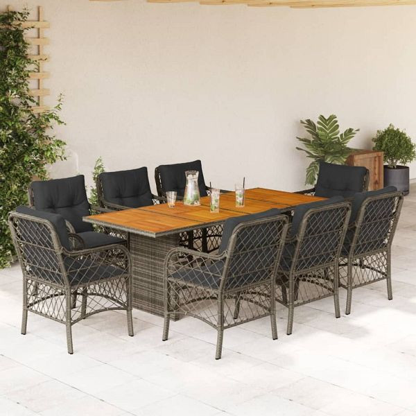 vidaXL 9-teilig Garten-Essgruppe mit Kissen Grau Poly Rattan, 3212075