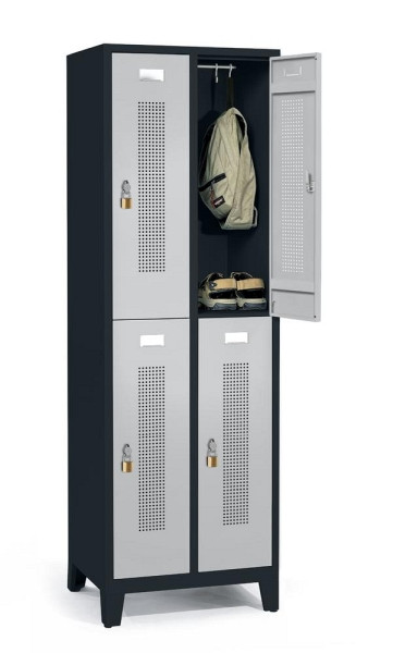 Deskin Doppelstöckiger Spind mit Füßen, Alusilber RAL 9006, 590 x 500 x 1800 mm, 4 Abteile, Korpus: Anthrazit RAL 7021, 346921