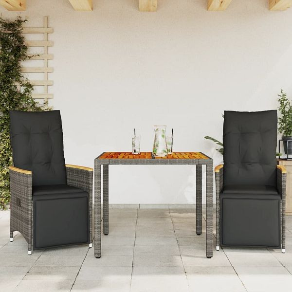 vidaXL 3-tlg. Garten-Bistro-Set mit Kissen Grau Poly Rattan, 3276967
