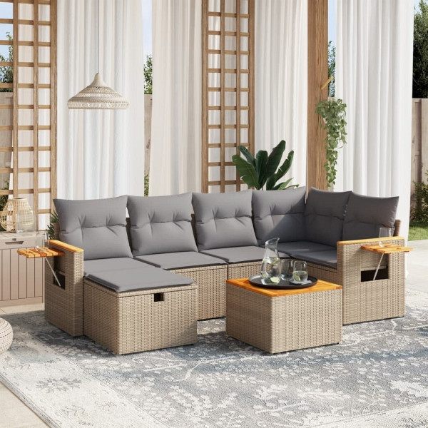 vidaXL 7-tlg. Garten-Sofagarnitur mit Kissen Beige Poly Rattan, UV-beständig, 3265525