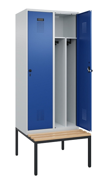 C+P Spind Evolo PLUS, 2 Abteile, 2120x800x815mm, 7035/5010, Haken 4, Drehriegel, Sitzfläche Buche-Hartholz, Sitzbank, Trennwand, 0490507-22F S10006