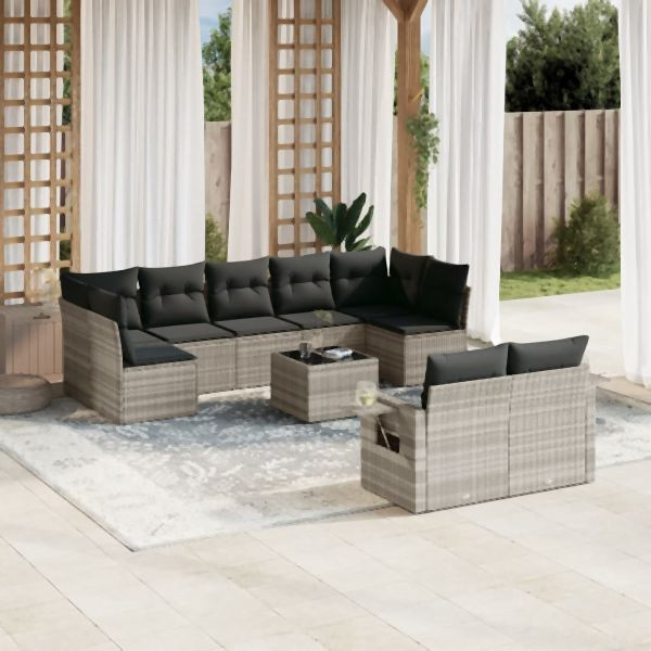 vidaXL 10-tlg. Garten-Sofagarnitur mit Kissen Hellgrau Poly Rattan, 3252969