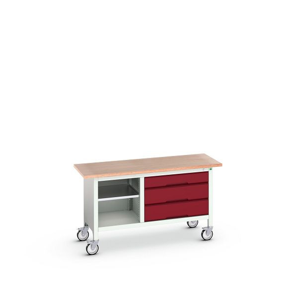bott verso mobile Kastenwerkbank mit offenem Schrank / Schubladenschrank mit 3 Schubladen, BxTxH: 1500x600x830mm, Lichtgrau / Purpurrot, 16923213.24