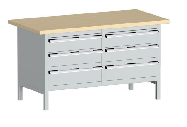 bott cubio Kastenwerkbank mit 6 Schubladen Multiplex-Arbeitsplatte BxTxH: 1500 x 750 x 840 mm, RAL 7035, 41002031.16V