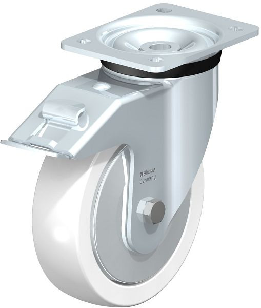 Blickle LK-SPO 175G-FI-FA Stahlblech-Lenkrolle, schwere Ausführung, mit Anschraubplatte & Feststeller, Polyamid, Weiß, 750535