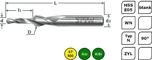 SPPW Stufenbohrer HSS-E05 90° L: 110x30 Ø8,4x16,4 - M8, 1234300800