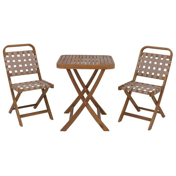 Mendler Garten-Set HWC-P70, Sitzgruppe Balkon-Set Garnitur 2x Stuhl Tisch, Seilgeflecht Akazie Holz klappbar, natur, creme, 119718+119719