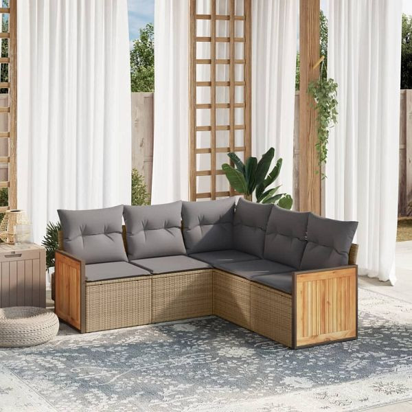 vidaXL 5-teilig Garten-Sofagarnitur mit Kissen Beige Poly Rattan, 3227641