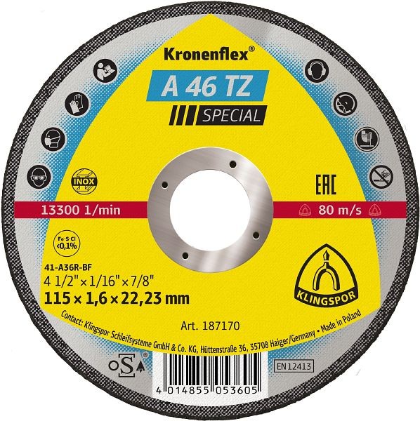 Klingspor A 46 TZ Trennscheiben 115 x 1,6 x 22,23 mm gerade, VE: 25 Stück, 187170