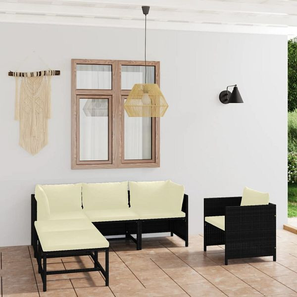 vidaXL 6-tlg. Garten-Lounge-Set mit Kissen Poly Rattan Schwarz, 3059783