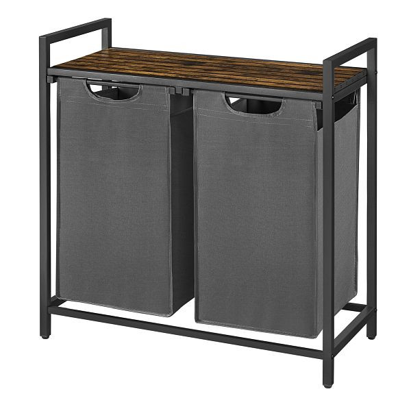 VASAGLE Wäschekorb, Wäschekörbe mit zwei Fächern, ausziehbare und abnehmbare Waschsäcke, 2 x 46L, 73 x 33 x 72 cm, rustikal braun und grau, BLH201G01