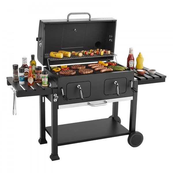 VEVOR Holzkohlegrill 0,50 m², Kohlegrillwagen mit 2 verstellbaren Holzkohleschalen, klappbaren Seitentischen, hitzebeständig, TLZHKSFXLTG5K2NS2001V0