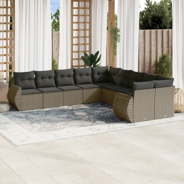 vidaXL 10-tlg. Garten-Sofagarnitur mit Kissen Hellgrau Poly Rattan, 3254249