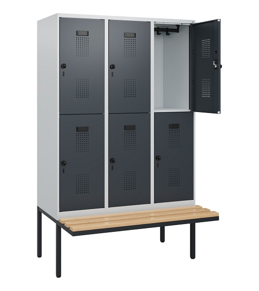 C+P Doppelstock-Spind Evolo PLUS, Bank, 6 Fächer, 1950x1200x815mm, 7035/7016, Drehriegel, Sitzfläche Buche-Hartholz, 0493405-32 S10012