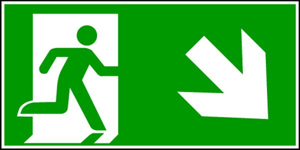 Schilder Klar Rettungsweg abwärts rechts DIN EN ISO 7010, 400x200x1.5 mm Kunststoff langnachleuchtend, 1576/92