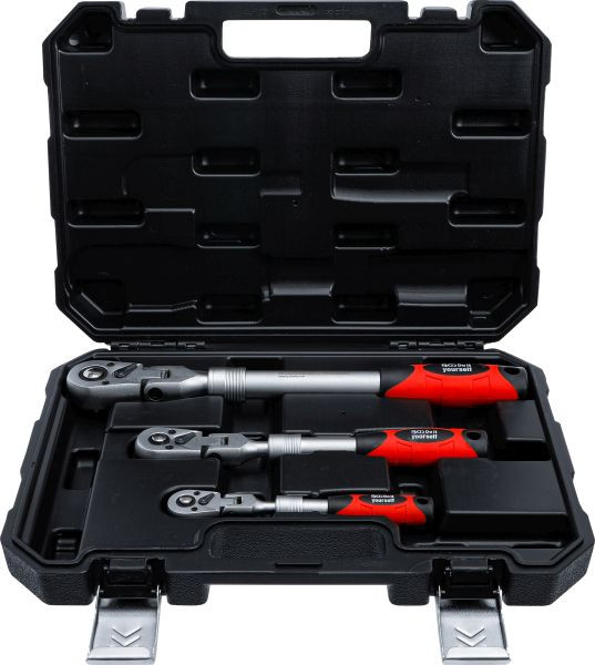BGS Umschaltknarren-Satz, ausziehbar, abwinkelbar, Abtrieb Außenvierkant 6,3 mm (1/4") - 10 mm (3/8") - 12,5 mm (1/2"), 3-teilig, 72114
