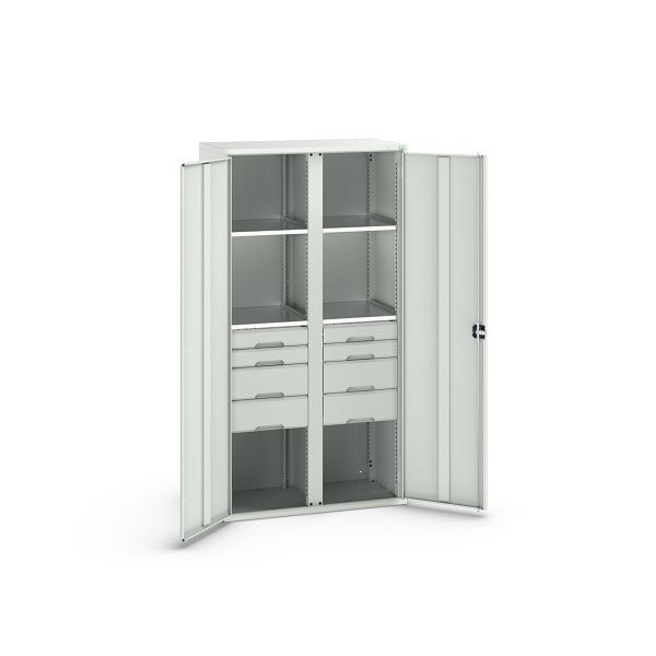 bott verso Flügeltürschrank mit Schubladen, mit 4 Fachböden und 8 Schubladen, BxTxH: 1050 x550 x 2000 mm, Lichtgrau / Lichtgrau, 16926583.16