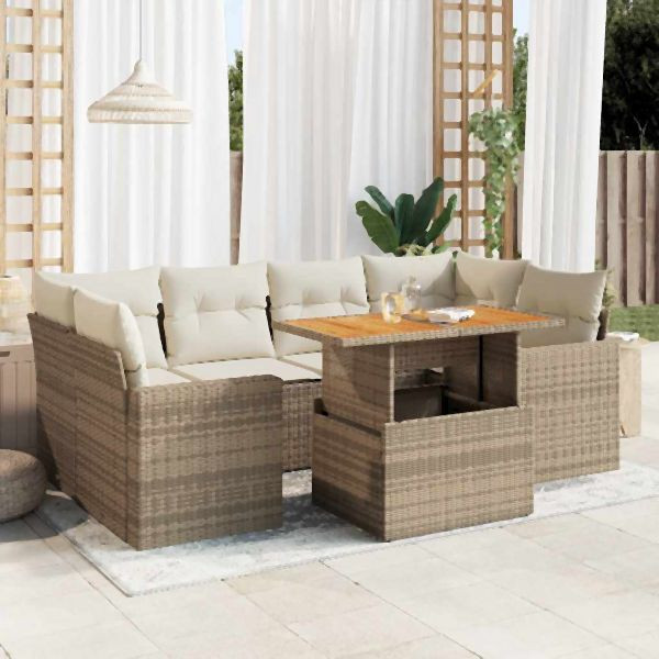 vidaXL 7-tlg. Garten-Sofagarnitur mit Kissen Beige Poly Rattan, 3327005