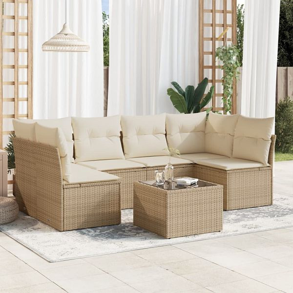 vidaXL 7-teilig Garten-Sofagarnitur mit Kissen Beige Poly Rattan, 3249237
