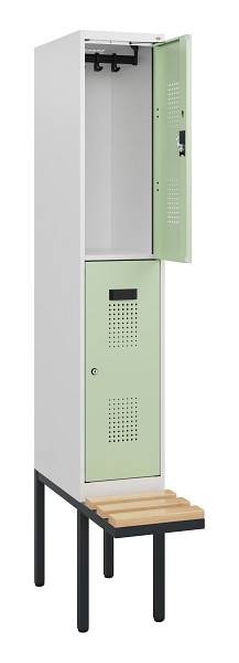 C+P Doppelstock-Spind Evolo PLUS, Bank, 2 Fächer, 1950x300x815mm, 9016/6019, Zylinderschloss, Sitzfläche Buche-Hartholz, 0493405-10 S10051