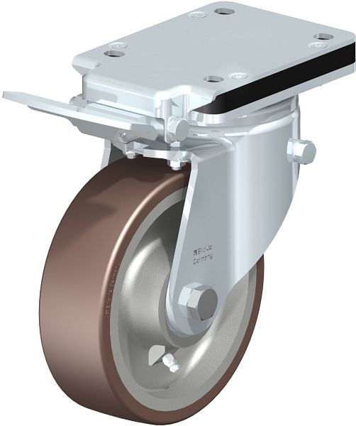 Blickle LH-GB 160K-IS Stahlblech-Lenkrolle, Schwerlast-Ausführung, mit Anschraubplatte & Feststeller, Blickle Besthane®, Braun, 744445