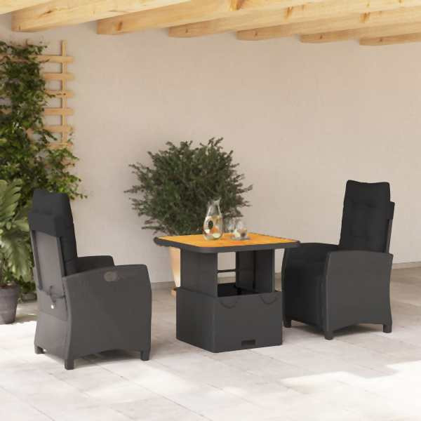 vidaXL 3-tlg. Garten-Essgruppe mit Kissen Schwarz Poly Rattan, UV-beständig, 3277387