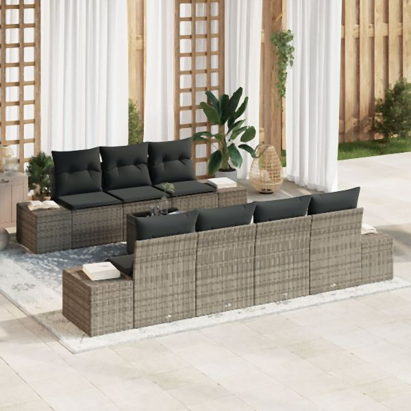 vidaXL 8-teiliges Garten Sofa Set mit Kissen Grau Poly Rattan, 3355638