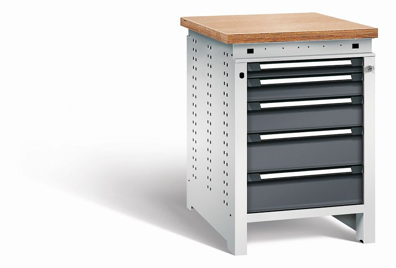 Otto Kind Werkbank Serie function Typ 109, Multiplexplatte, bündig, 5 Schubladen, mit Zentralverschluss, Gehäuse RAL 7035, Front RAL 7016, 072326149