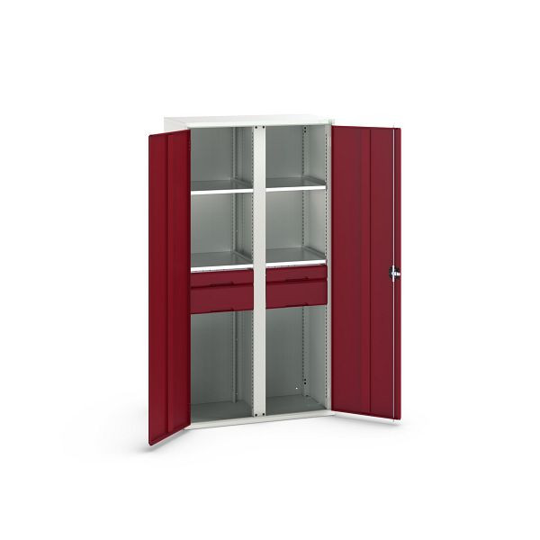 bott verso Flügeltürschrank mit Schubladen, mit 4 Fachböden und 4 Schubladen, BxTxH: 1050 x550 x 2000 mm, Lichtgrau / Purpurrot, 16926582.24