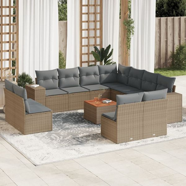 vidaXL 12-teilig Garten-Sofagarnitur mit Kissen Beige Poly Rattan, 3225506