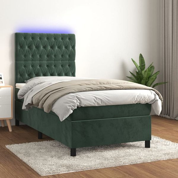 vidaXL Boxspringbett mit Matratze & LED Dunkelgrün 90x200 cm Samt, 3136284