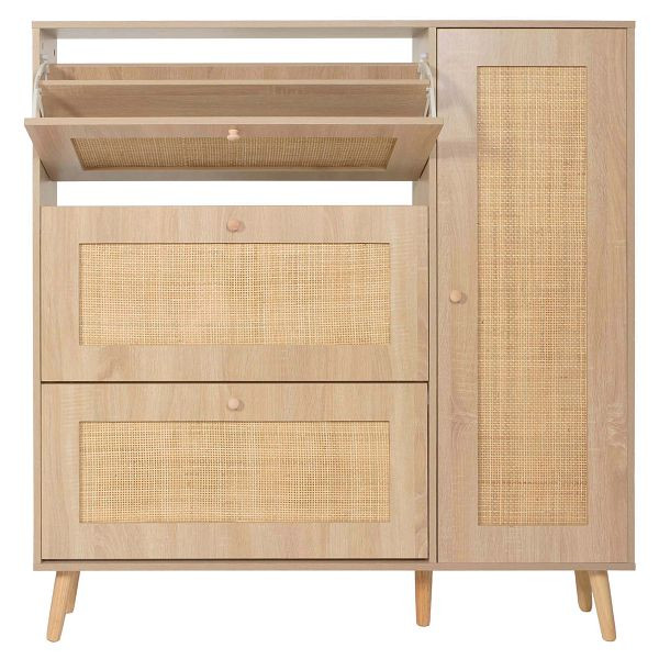 Mendler Rattan-Schuhkipper HWC-M37, Schuhregal Schuhschrank, 3 Kippfächer 2 Regalböden 127x120x24cm Holz Melamin, Eiche-Optik, 104207+107214