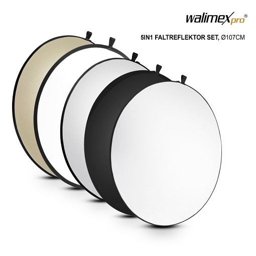 Walimex pro 5in1 Faltreflektor Set wavy, Ø107cm, Farben: transparent/ weiß/ schwarz/ silber/ wavy gold, inkl. Transporttasche, 1017682