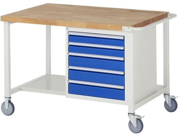 RAU Fahrbare Werkbank 8000 - Modell 8171, B1250 x T900 x H880-1080 mm, Systemunterbau B1245 x T850 mm, 5 Schubladen, 05-8171A6-129B4H.11