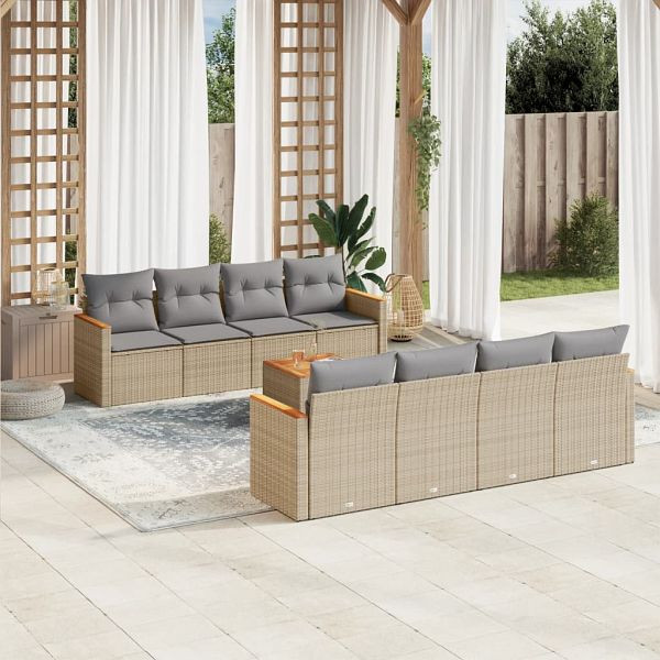 vidaXL 9-tlg. Garten-Sofagarnitur mit Kissen Beige Poly Rattan, 3225821