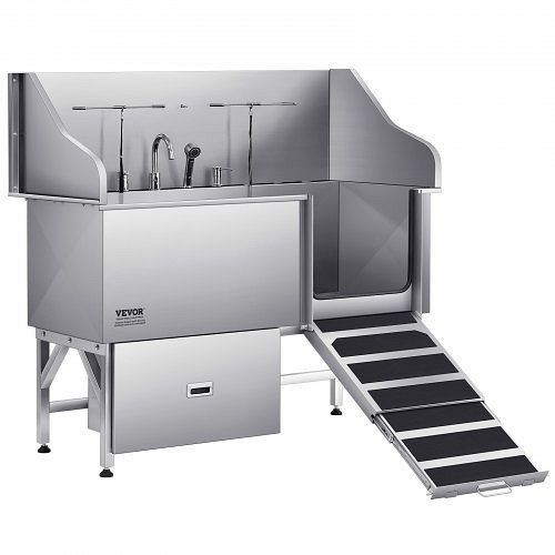 VEVOR Hundewaschstation Edelstahl, 1550x790x1470mm Wanne mit Rampe, Wasserfilter, Wasserhahn, Duschkopf, Leine, rechte Tür, BXGCWYG61CPDIM12TV0
