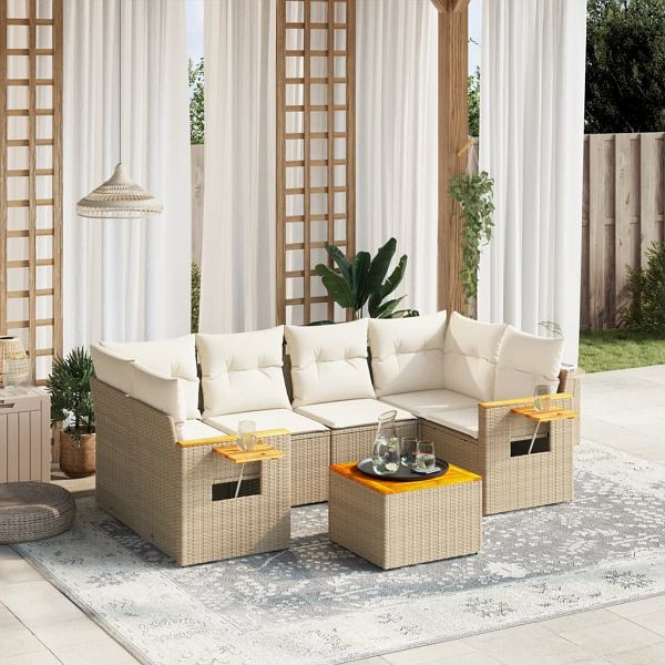 vidaXL 7-teilig Garten-Sofagarnitur mit Kissen Beige Poly Rattan, 3259041
