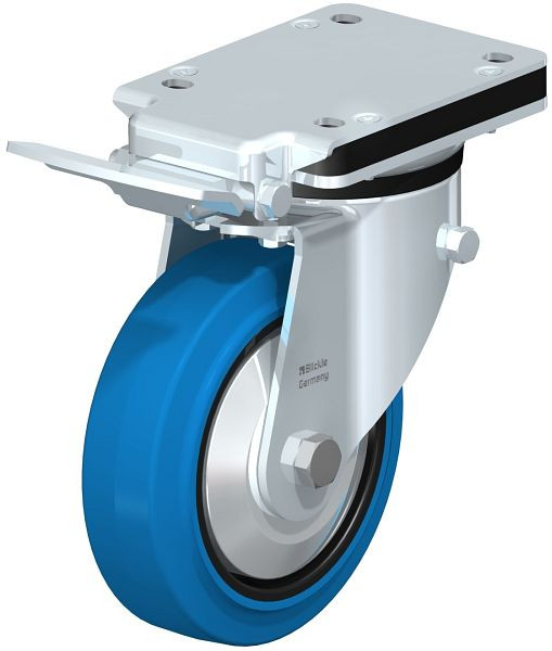 Blickle LK-POEV 160KD-IS-SB-FA Stahlblech-Lenkrolle, mittelschwere Ausführung, mit Anschraubplatte & Feststeller, Elastik-Vollgummi, Blau, 851229