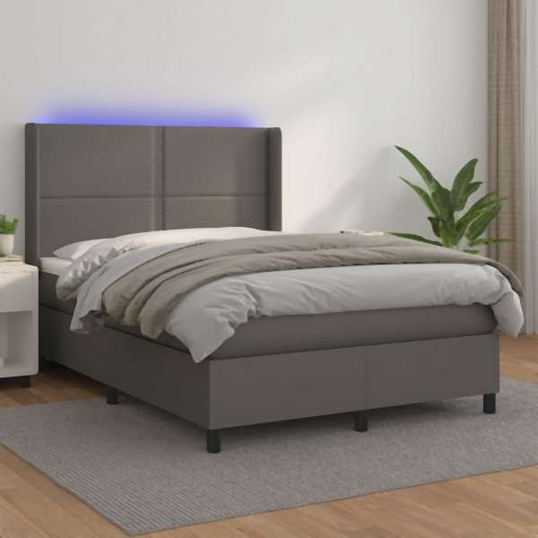 vidaXL Boxspringbett mit Matratze & LED Grau 140x200 cm Kunstleder, 3139329