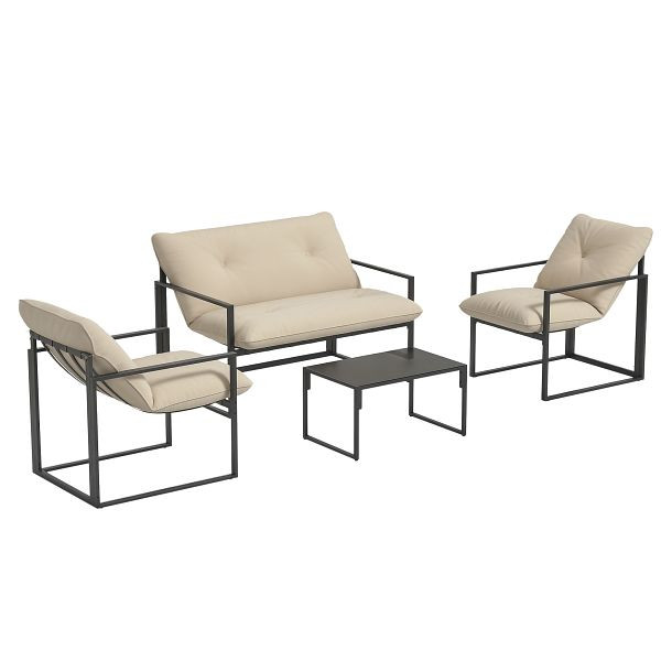 Outsunny Gartenmöbel-Set, 1 Glastisch, 2 Sessel. 1 Sofa, wetterbeständig,114 cm x 70 cm x 67 cm, Grau+Beige, 84G-123V00GY