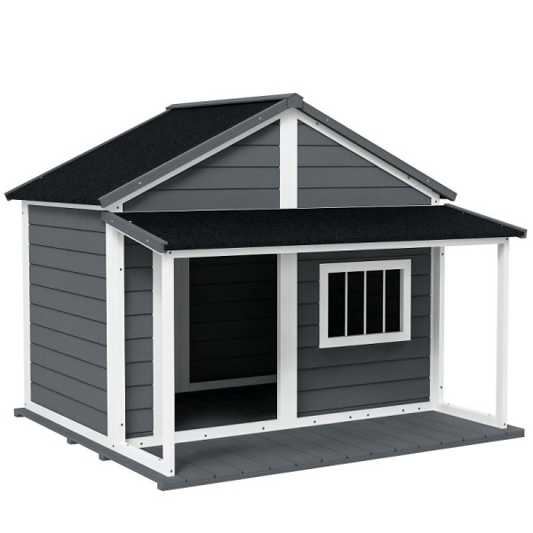 PawHut Hundehütte Outdoor-Hundehütte inkl. Veranda, wetterbeständig, 124 x 112 x 105 cm, Grau + Weiß, D02-100V01GY