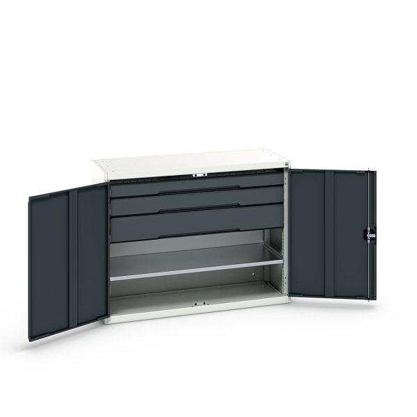 bott verso Flügeltürschrank mit Schubladen, mit 1 Fachboden und 3 Schubladen, BxTxH: 1300 x 550 x 1000 mm, Lichtgrau / Anthrazitgrau, 16926607.19