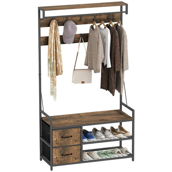 HOMCOM 6-in-1 Garderobenständer mit Schuhregal, Industrie-Stil, 10 Haken, 2 Stoffschubladen, Metall, Braun, 837-642V00RB