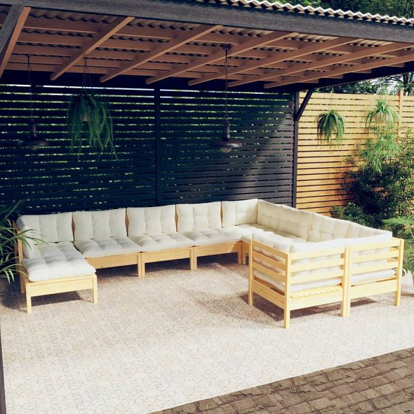 vidaXL 10-tlg. Garten-Lounge-Set mit Creme Kissen Kiefernholz, 3097031